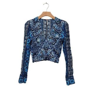 Free People Crop Top Womens XS Blue V-Neck Long Sleeve Paisley Waist Smocked
